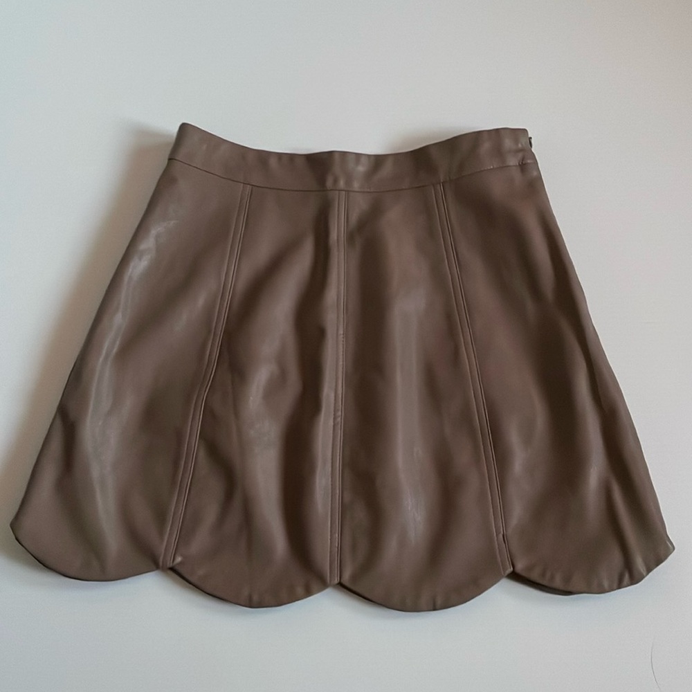 Hyfve faux leather mocha mini skirt with scalloped hem. Size small